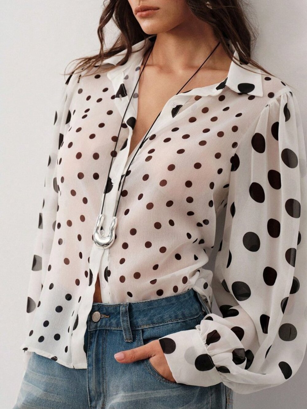 Multicolor Casual Women's French Polka Dot Patchwork Chiffon Long Sleeve Blouse